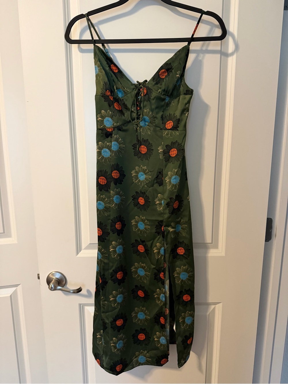 Urban Outfitters Olive Green Maxi Dress with Blue & Orange Floral Print